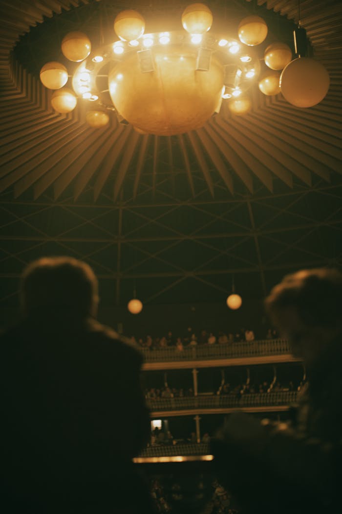 Majestic theater auditorium with a decorative chandelier and audience viewed from the stage.